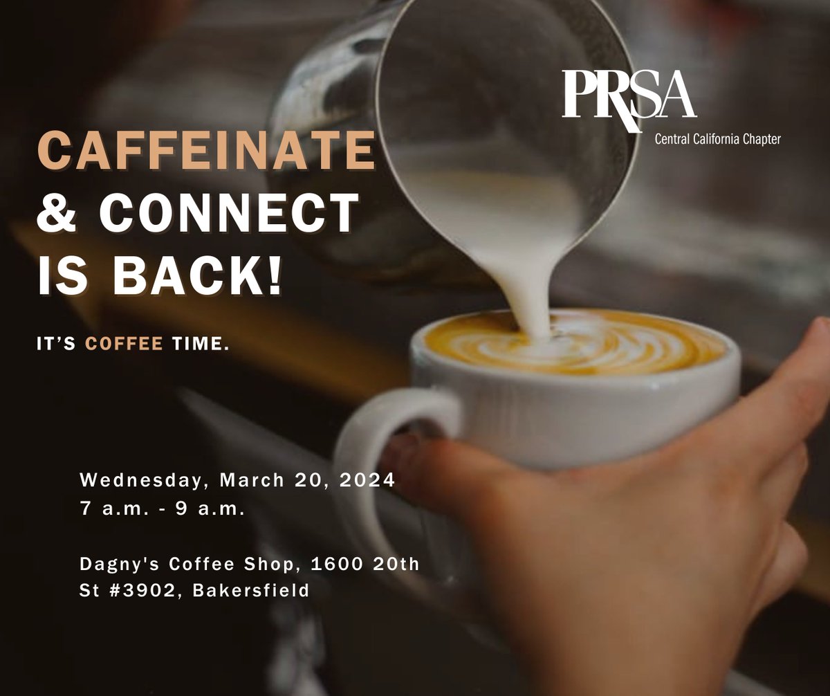 PRSACentralCA's tweet photo. Hey Bakersfield, get ready for Caffeinate &amp; Connect! ⚡️☕️  
Our Caffeinate and Connect events are open to all professionals and offer a fun way of meeting new people in public relations, marketing and more! We hope to see you next week! https://t.co/RwO1SGPoHn