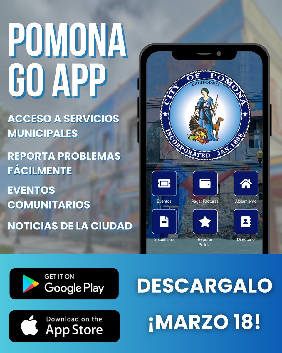 📣 POMONA GO APP COMING MARCH 18

📱Experience Pomona like never before, get support in English &amp; Spanish, easily create service requests, &amp; stay on top of the latest Pomona has to offer!
#cityofpomona