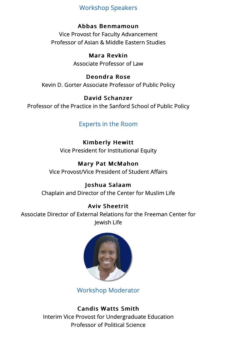 Looking forward to speaking at this @DukeFacultyAdv workshop on the role of faculty in advancing constructive discourse on campus about complex issues with Profs. Abbas Benmamoun, Deondra Rose, David Schanzer @ProfCandis & more. Open to the Duke community: duke.qualtrics.com/jfe/form/SV_6Y…