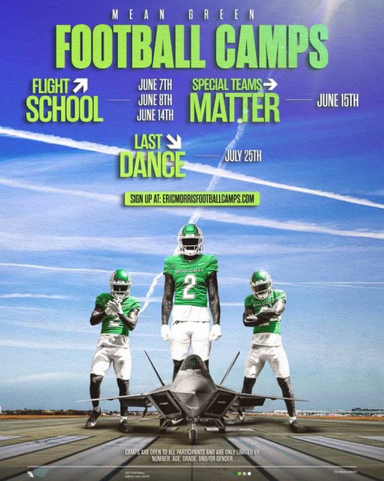 I appreciate the camp invite from @Grant_Kinser can’t wait to showcase my talents! @MeanGreenFB @coachjsam @dominique_criss @GPowersScout @bowievolfb