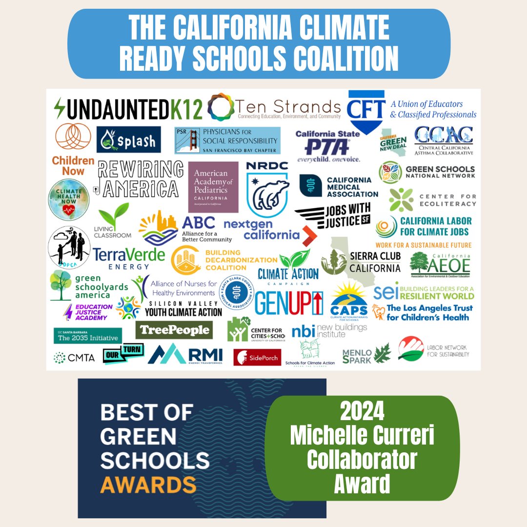 The Climate Ready Schools Coalition was named a @mygreenschools & @GreenSchoolsNN Best of Green Schools recipient! 🏆 We're proud to be among the orgs who have come together in CA to work towards the healthy, sustainable, resilient schools our students deserve. 📚✅💚 #Climate100