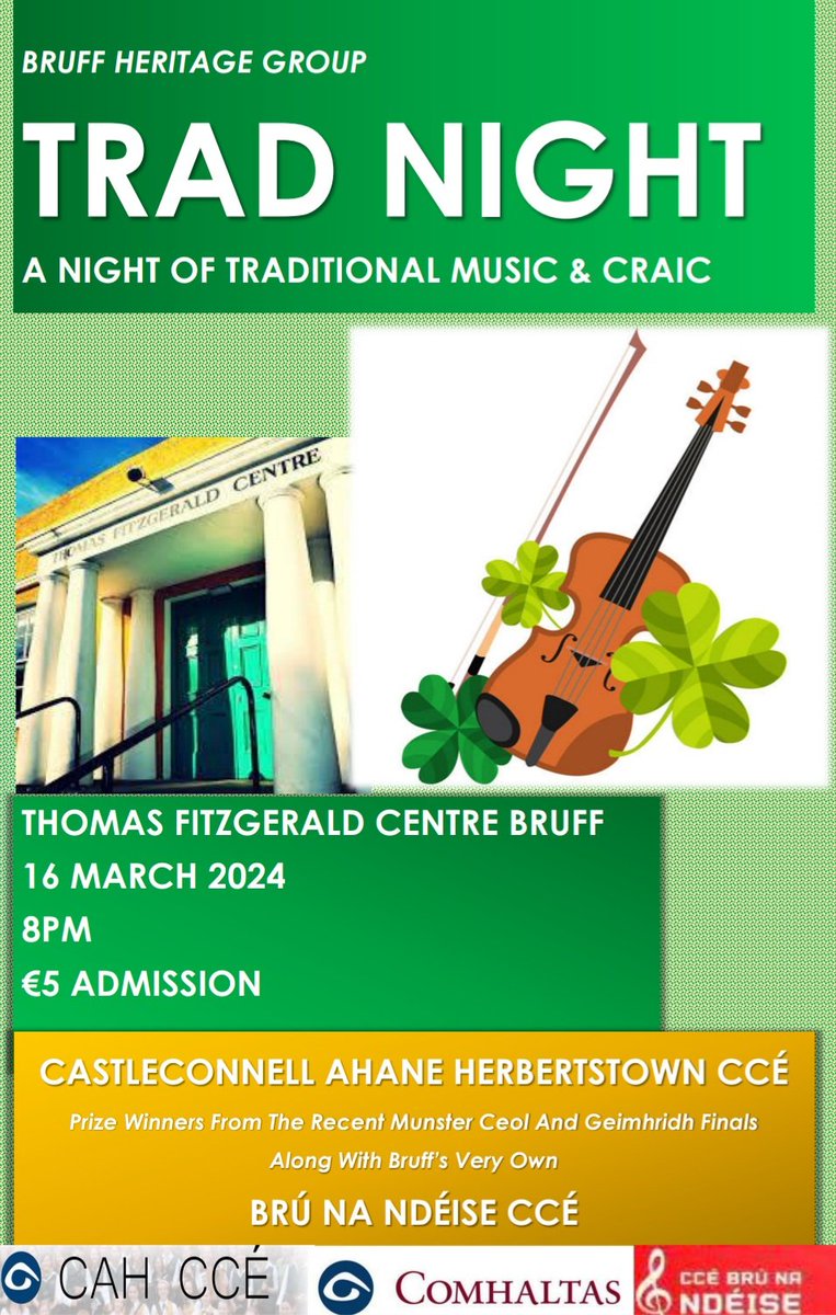 💚💚💚👇👇
Following last year's sold out session we have a fantastic group of musicians lined up for this Saturday night at centre as part of  #bruff celebrations this year for #StPatricksDay2024 🍀☘🐍🇮🇪

#ilovelimerick #visitballyhoura #limerickstpatsfestival #limerickevent