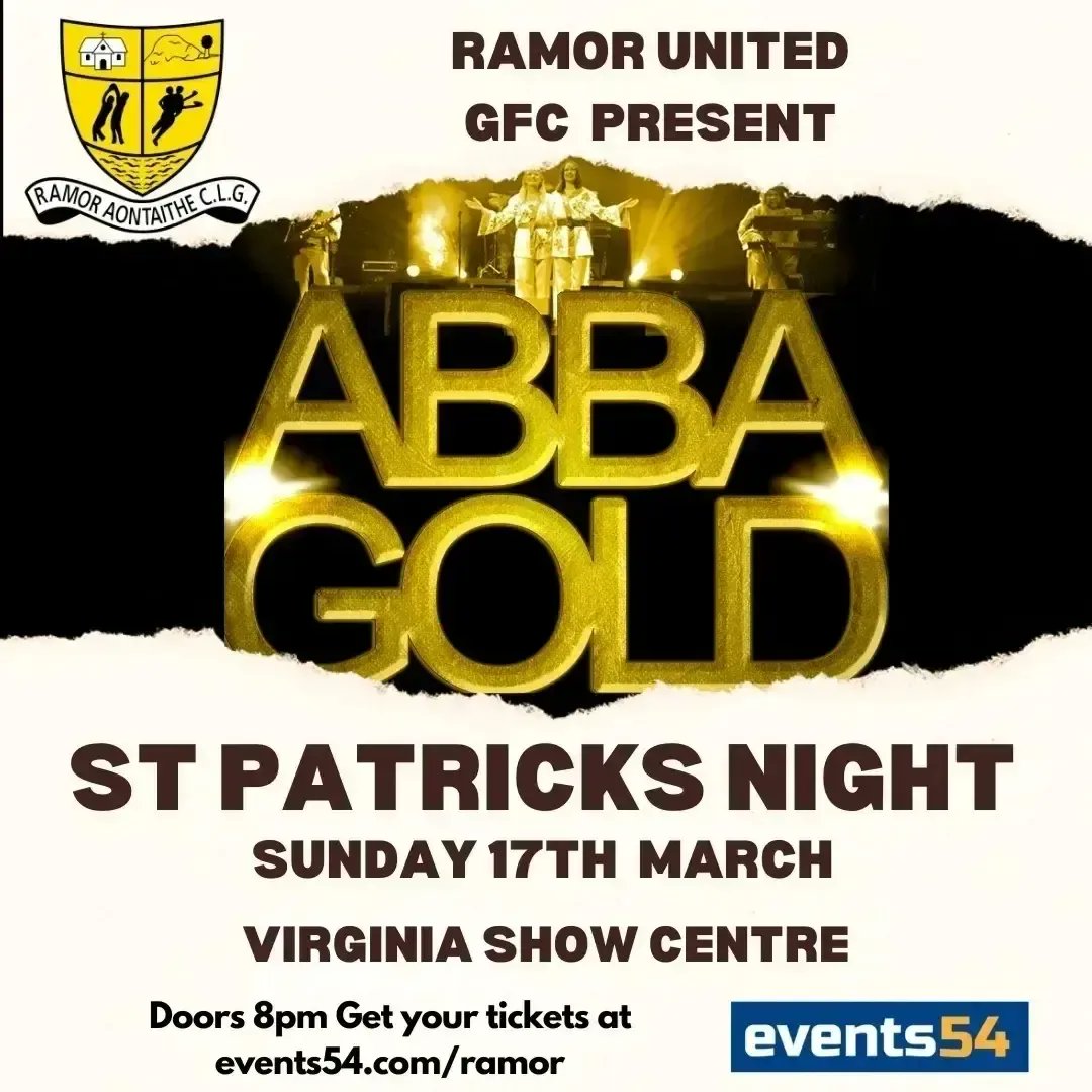 RamorUnited's tweet photo. **2 DAYS TO GO**
Just 2 days left until Virginia Show Centre comes alive for a St Patrick's Weekend Dance

Sunday 17th 
#ABBAGold followed by 80s/90s disco
**Bar open till 2am**

☆Over 18s event☆

TICKETS ARE SELLING FAST NOW,DONT MISS OUT!! ⬇️⬇️
https://t.co/ZMd0rYIerd https://t.co/F3FZiehCSg