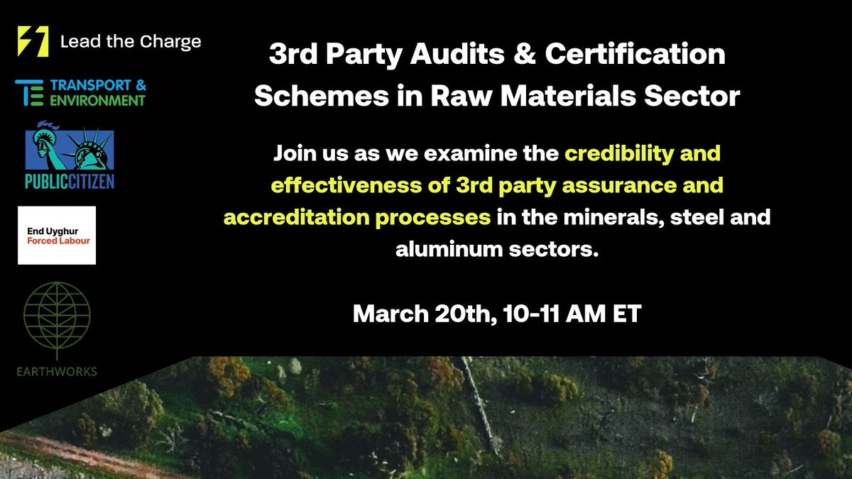 Join @Public_Citizen on Mar 20th, from 10-11AM ET, for their webinar w/ co-authors from Sunrise Project, @Earthworks, & @transenv covering information on audits in the raw materials sector. Register: us06web.zoom.us/meeting/regist… @Lead_theCharge #IndigenousRights #TransitionMinerals