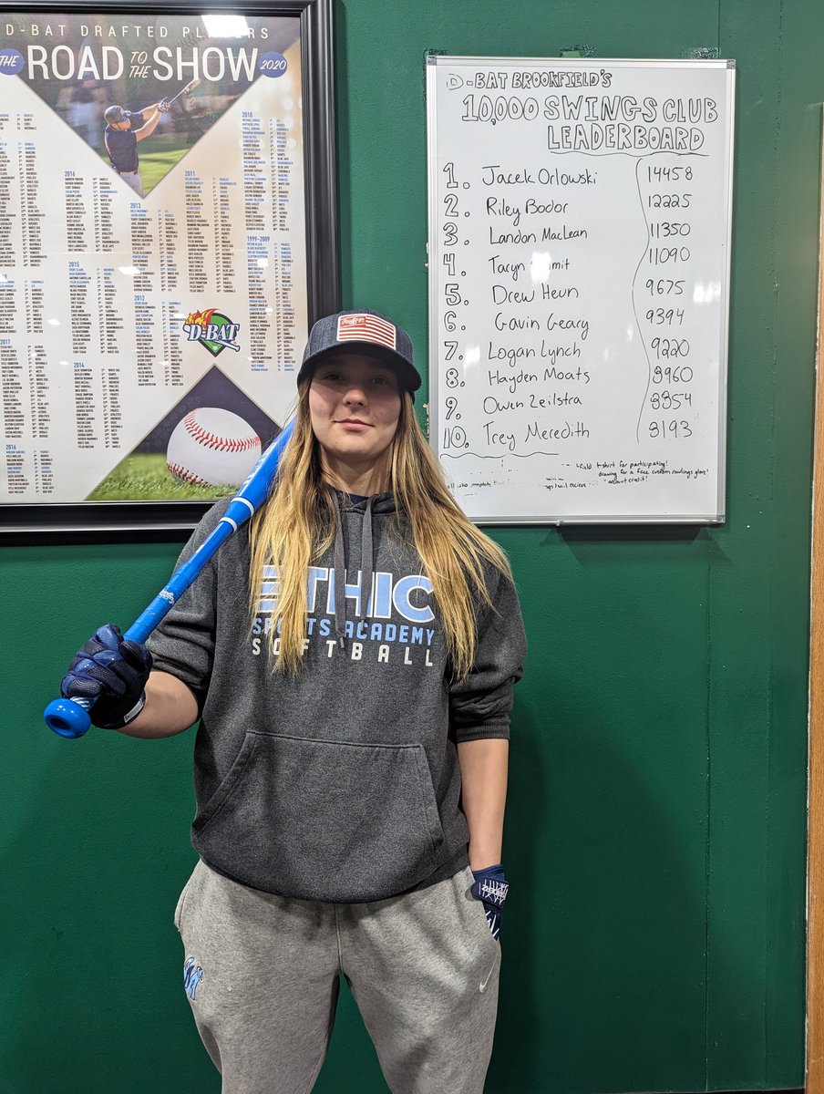Congratulations, Riley Bodor, on joining the 10,000 swing club. Riley is a fixture at the D-BAT machine pitch cages. Good luck to opposing pitchers, they'll need it.She’s pictured below with her Rawlings Mantra. That 10,000 swing club shirt is going to look great on you!