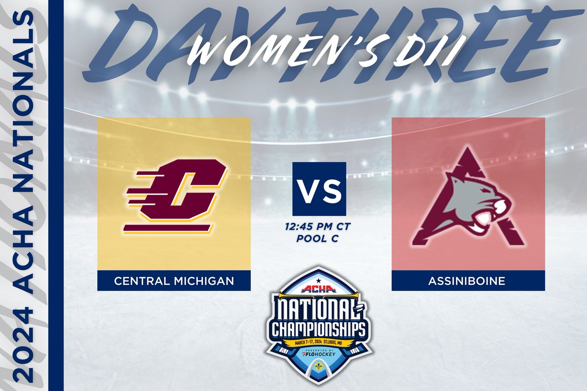 ACHAWomensD2's tweet image. 𝗣𝗢𝗢𝗟 𝗣𝗟𝗔𝗬 𝗚𝗔𝗠𝗘
🏒 Central Michigan (away) vs. Assiniboine (home)
⏰ Time 12:45 PM CT
📍 Plager Rink
🎥 flohockey.tv/events/1225333… @FloHockey 
#ACHANationals #ACHAW2