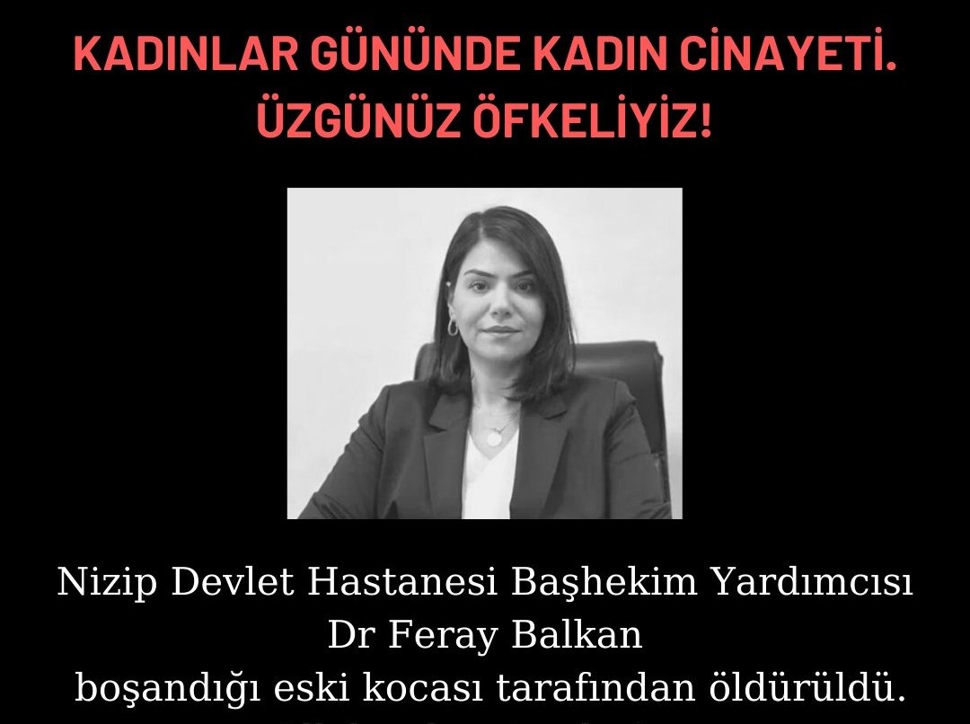 Eski eşi tarafından katledilen meslektaşımızın davasının sonuna kadar takipçisi olacağız.
KAHEV hekimleri adalet istiyor.
#drferaybalkankatledildi #kadına_şiddete_son