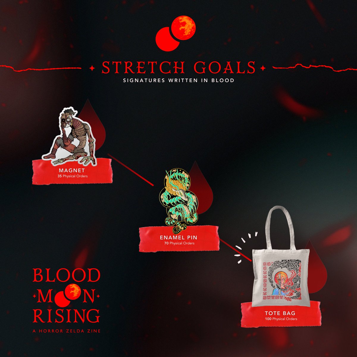 BloodMoonZine's tweet image. 💖 Last Stretch Goal UNLOCKED!! 💖

It's so exciting to announce that our last stretch goal has been unlocked: our Calamity Tote Bag!! 🩸 We're so happy to include it in all eligible bundles! 🤩

Don't miss the chance to enjoy them all our goals my placing your orders NOW! ✨