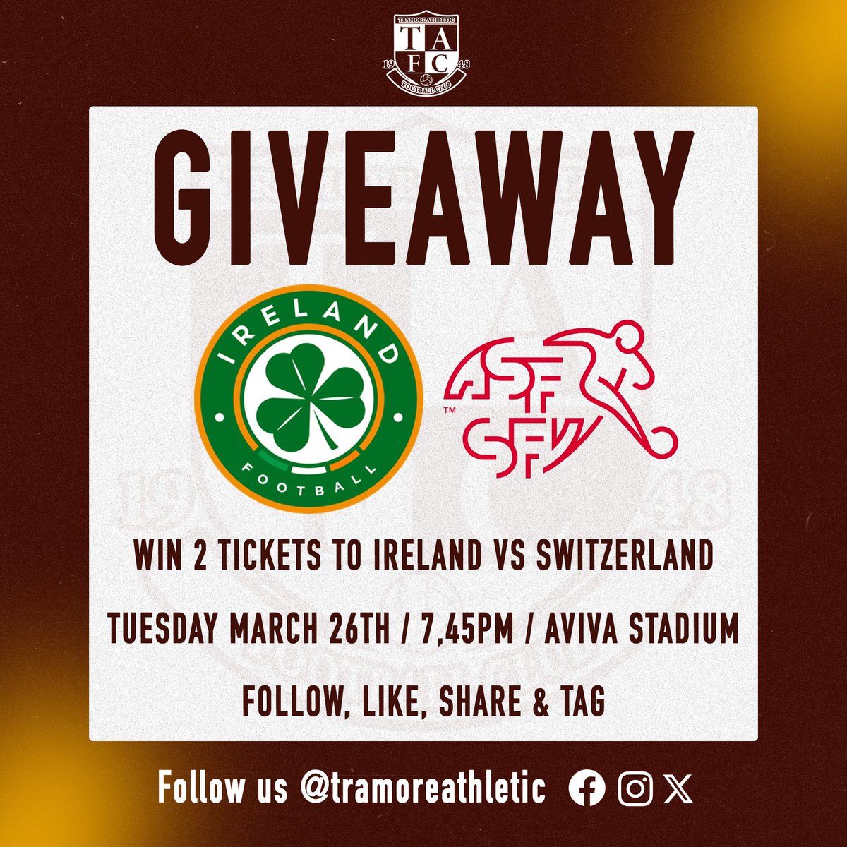 Competition Time ☘️ We have 2 tickets to give away for the Ireland vs Switzerland game on Tuesday March 26th at 7.45pm in the Aviva Stadium 🇮🇪 To enter: 📍Follow us 📍Like and RT this post 📍Tag who you’d bring below Best of luck 🤞 #TAFC #COYBIG