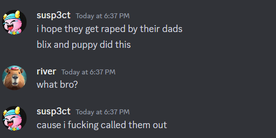 riverssslmao's tweet photo. @Susp3ctO1 Respectfully since you banned me for no reason I will leak some shit. First of all neither puppy or blix made the "OF leak bots." They both said that they didnt make the bots. Then you didnt listen to the truth. https://t.co/IWMlRZeXYH