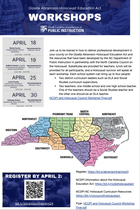 Join us to learn how to deliver PD on the Holocaust Education Act and on the resources that have been developed by NCDPI and the NC Council on the Holocaust. Each district can bring up to 4 people. Substitutes and lunch will be provided. Learn more: content.govdelivery.com/accounts/NCSBE…