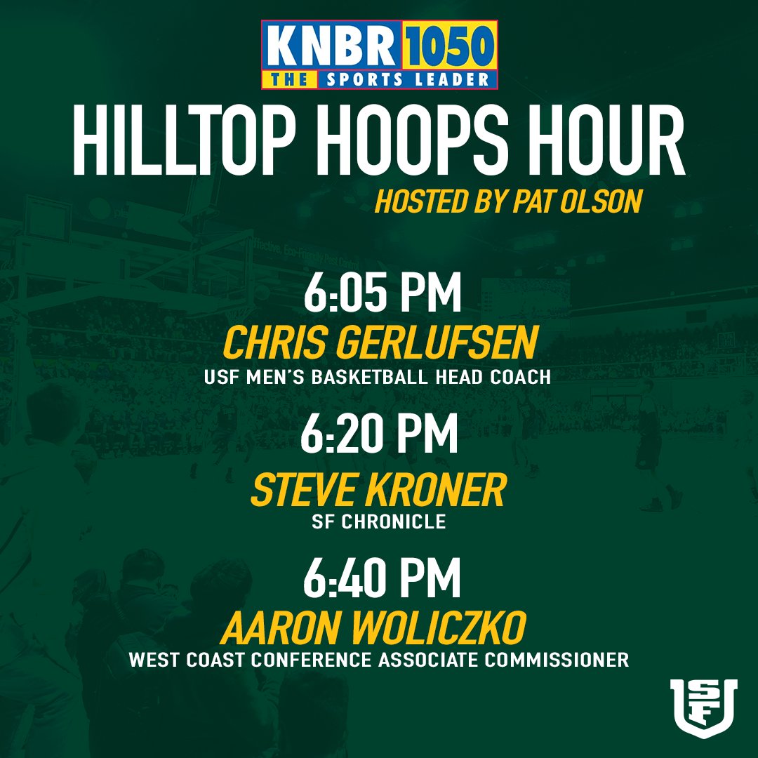 Join me at 6:00 on @knbr 1050 for a Thursday edition of the #HilltopHoopsHour as we talk @USFDonsMBB,
@WCChoops and @MarchMadnessMBB. 

Guests:

@CoachCeeGee
@SteveKronerSF
@AWoliczko

knbr.com/listen-live-on…
