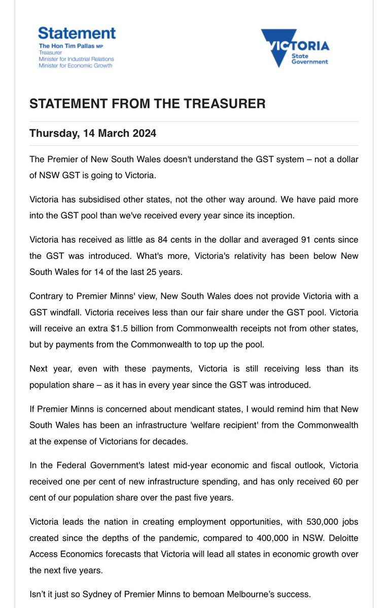 Yesterday the NSW Premier called Victoria the ‘welfare state’ while talking about our larger GST share.. And now…Tim Pallas has arrived… 🫣