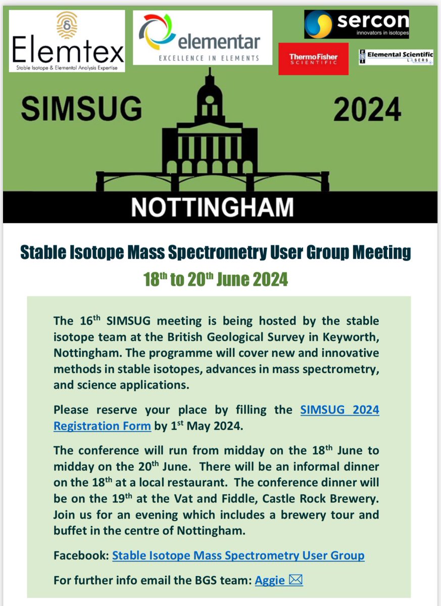 Registration now open! #SIMSUG2024 thanks to our sponsors Elemtex, @elementaruk, @SerconLimited, @thermofisher, Elemental scientific lasers