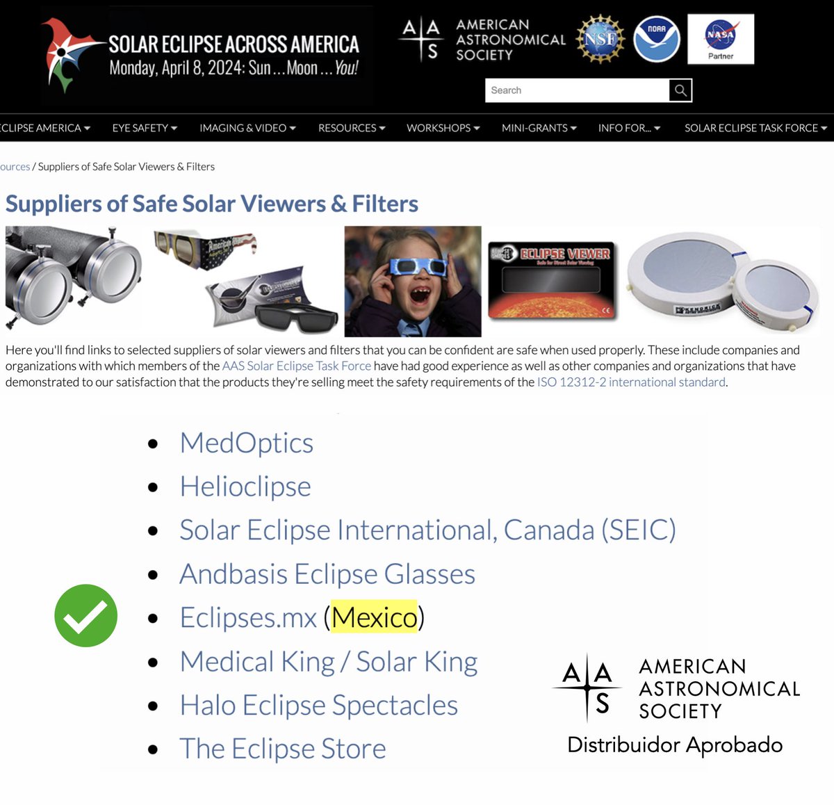 EclipsesMx's tweet photo. ➡️ https://t.co/mVShBRCMeb es un distribuidor aprobado por la American Astronomical Society AAS como proveedor de lentes seguros ✅
https://t.co/pvWnyW9Psi

#EclipseTotal #EclipseDeSol #EclipseSolarMéxico #EclipseSolar https://t.co/86OiOnIbH9