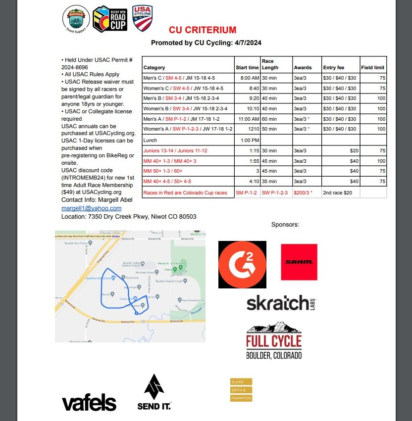 The day after the Boulder Roubaix there is now the CU Criterium put on by the CU Boulder Cycling Team! We are proud to offer technical support for the CU Criterium on Sunday, April 7. The race will be held at the Boulder Tech Center. Get ready for an awesome weekend of racing!