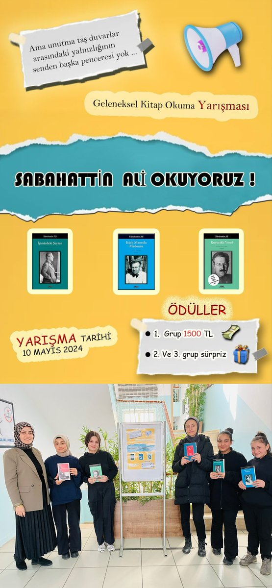 Geleneksel “Ödüllü Kitap Okuma Yarışmalarımız” kapsamında bu sene Sabahattin Ali Okuyoruz. 10 Mayıs da okulumuzda yapılacak olan bilgi yarışması için kitapları temin eden öğrencilerimiz heyecanla okumalara başladılar
<a href="/Erzurum_Mem/">Erzurum İl Millî Eğitim Müdürlüğü</a> <a href="/Yakutiyemem/">YAKUTİYE İLÇE MEM</a> <a href="/yakupyildiz024/">Yakup YILDIZ</a> <a href="/AGazioglu25/">Abdurrahman GAZİOĞLU</a> <a href="/tcmeb/">Millî Eğitim Bakanlığı</a>