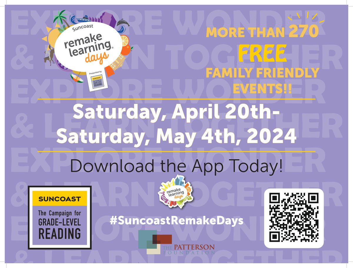 Andrew Spector (@andrewlspector) on Twitter photo #SuncoastRemakeDays are coming up 4/20-5/4! Prepare yourself for more than 270 free family friendly events over the course of 15 days by downloading the Remake Learning Days app today here allintheloop.com/events/srld202…. <a href="/ThePattersonFdn/">The Patterson Foundation</a> <a href="/SuncoastCGLR/">Suncoast GL Reading</a> #SuncoastRemakeDays are coming up 4/20-5/4! Prepare yourself for more than 270 free family friendly events over the course of 15 days by downloading the Remake Learning Days app today here allintheloop.com/events/srld202…. <a href="/ThePattersonFdn/">The Patterson Foundation</a> <a href="/SuncoastCGLR/">Suncoast GL Reading</a>
