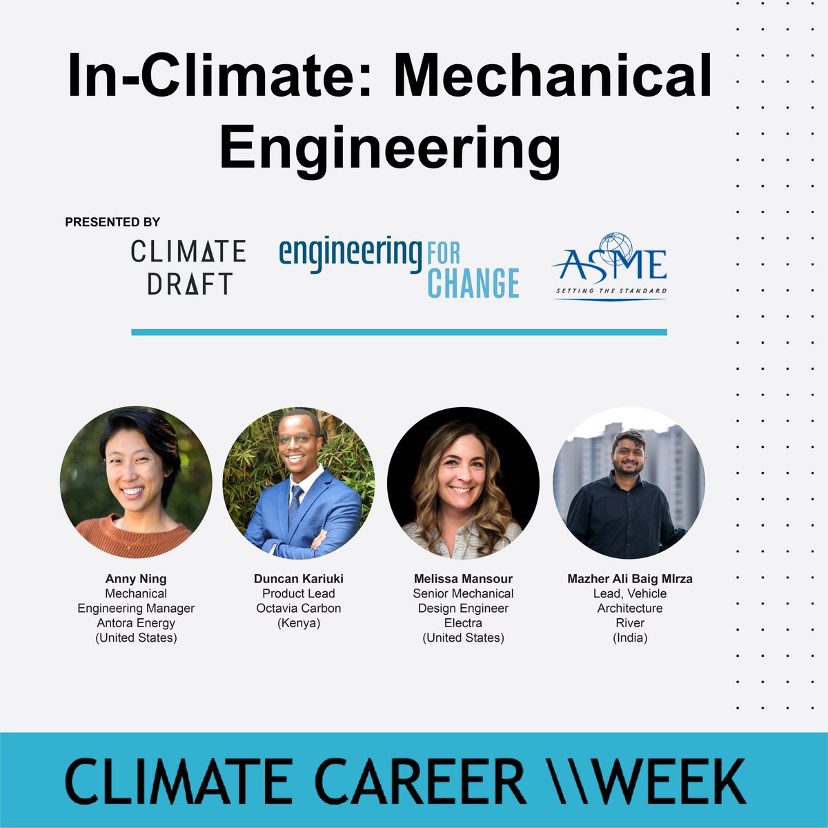 Hear from mechanical engineers at climate tech startups. Panel attendees will learn about different career pathways in the climate industry and discover opportunities to apply their skills. Join us on 3/28 at 12 PM ET: lu.ma/mechEpanel @ClimateDraft @engineer4change