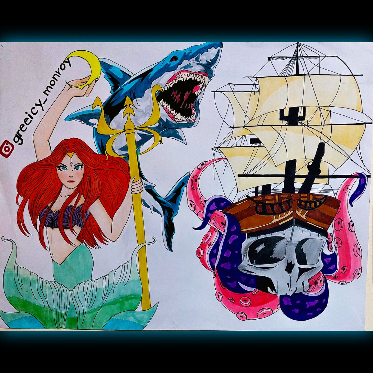 Un regalo para mi Tío de cumpleaños 🎂.. como es pescador me base en eso para representar sus aventuras.. claro está que las sirenas son un mito pero me imagino tantas cosas que pueden pasar en el mar 🌊 🧜🏻‍♀️💀🐙⚓️ #dibujo #Jueves #oceano