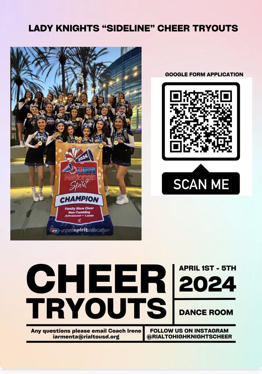 RHSKnightCheer's tweet photo. Rialto Lady Knights Sideline Cheer 
Tryout Application Link!
Applications are due Match 29th at Midnight! NO late applications will be accepted! 
https://t.co/E6qiIx1mdI https://t.co/lFjcC7NEgH