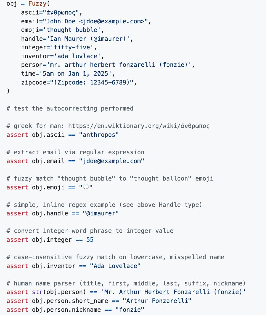 imaurer's tweet image. LLM Function calling is a simple way to generate and extract structured data.
@pydantic makes it easy to specify structured formats via it's JSON schema functionality.
Today I released FuzzTypes, a library for creating custom annotation types that "autocorrect" data.