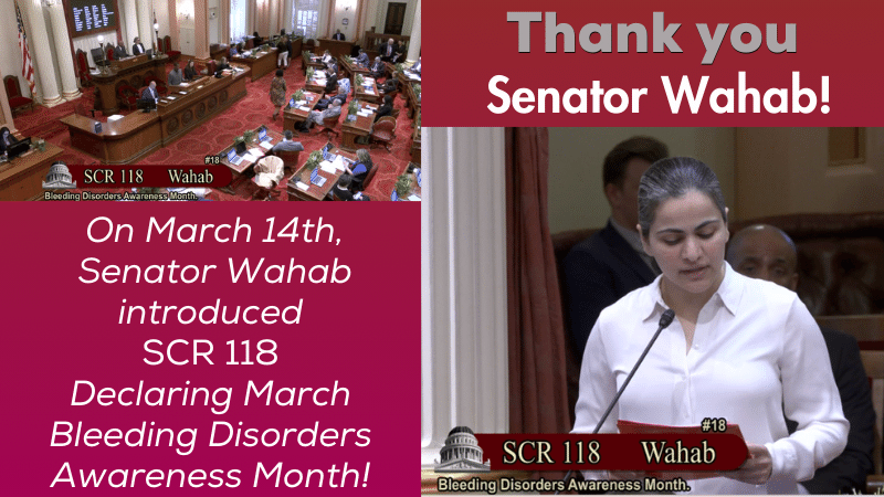 Today, @SenAishaWahab introduced SCR 118, a Senate Resolution declaring March as Bleeding Disorders Awareness Month in CA.  She was joined by twelve coauthors. The resolution passed 40 - 0! We thank the Senator for her amazing support of the bleeding disorders community in CA!