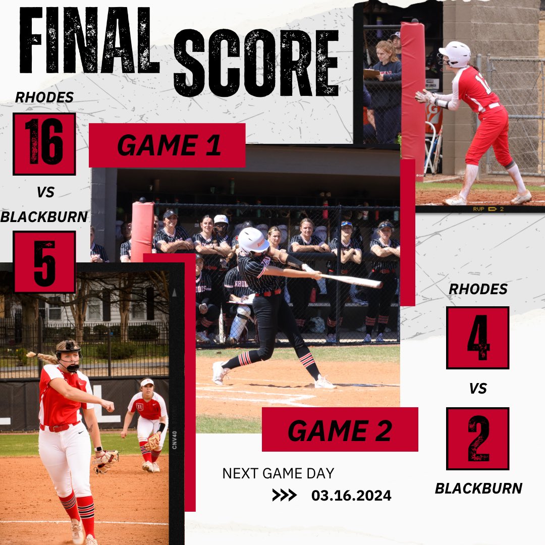 Rhodes Softball finishes Thursday with a sweep of Blackburn College! Talia Travis with back to back home runs in game one helped boost the Lynx to a run rule victory. Catch us at home for SAA play this Saturday and Sunday! 
#burntheships #bethecatalyst #builtdiiiferent