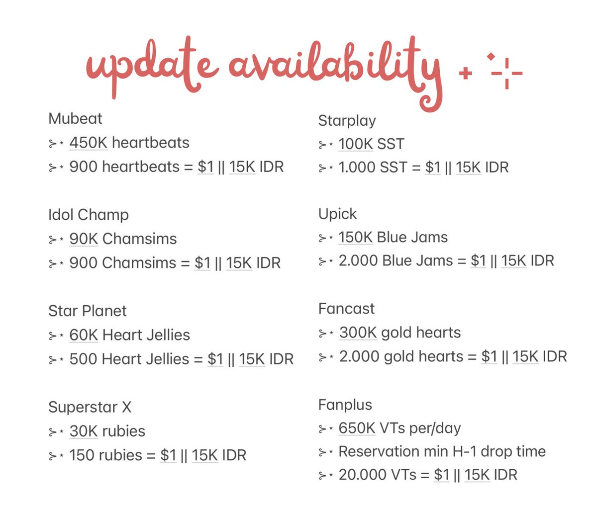 ࿐ Selling Votes for K-POP ꫂ ၴႅၴ (@votingmubeat) on Twitter photo ᵎᵎ 🎀 AVAILABLE ˖ ࣪⊹
⊱⋆ Mubeat
⊱⋆ Star Planet
⊱⋆ Idol Champ
⊱⋆ Superstar X
⊱⋆ Starplay
⊱⋆ Fancast
⊱⋆ Fanplus
⊱⋆ Upick
ㅡ 𝐩𝐫𝐨𝐨𝐟 𝐨𝐟 𝐩𝐮𝐫𝐜𝐡𝐚𝐬𝐢𝐧𝐠 <a href="/natsproof/">Proof purchasing @votingmubeat •᷄ɞ•᷅</a> 🇮🇩!ᰔᩚ
💸 Paypal/E-Wallet/Shopeepay/Gopay/BNI
✦!¡ dm us for purchase/inquires 📨 ᵎᵎ 🎀 AVAILABLE ˖ ࣪⊹
⊱⋆ Mubeat
⊱⋆ Star Planet
⊱⋆ Idol Champ
⊱⋆ Superstar X
⊱⋆ Starplay
⊱⋆ Fancast
⊱⋆ Fanplus
⊱⋆ Upick
ㅡ 𝐩𝐫𝐨𝐨𝐟 𝐨𝐟 𝐩𝐮𝐫𝐜𝐡𝐚𝐬𝐢𝐧𝐠 <a href="/natsproof/">Proof purchasing @votingmubeat •᷄ɞ•᷅</a> 🇮🇩!ᰔᩚ
💸 Paypal/E-Wallet/Shopeepay/Gopay/BNI
✦!¡ dm us for purchase/inquires 📨