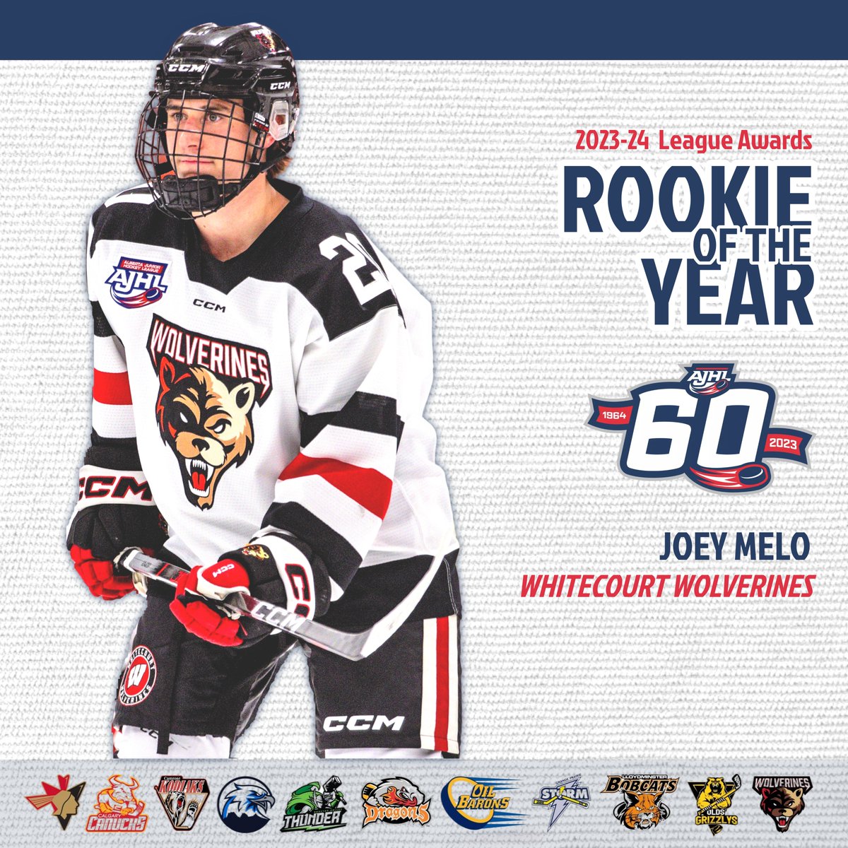 Whitecourt Wolverines forward Joey Melo is the recipient of the Dick White Trophy as AJHL Rookie of the Year for the 2023-24 season.  The 2005-born forward led all AJHL rookies with 22 goals and set a new Wolverines franchise record ajhl.ca/ajhl-names-roo… #AJHL60