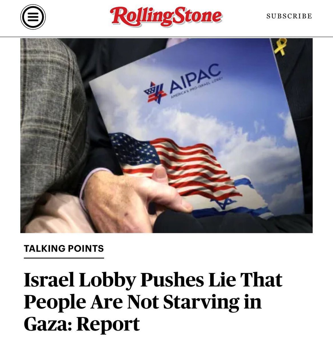 This week, Washington’s top Israel lobby is rallying its supporters to go to Capitol Hill and falsely claim to lawmakers that people aren’t starving in Gaza and Israel isn’t blocking aid shipments. Story: rollingstone.com/politics/polit…