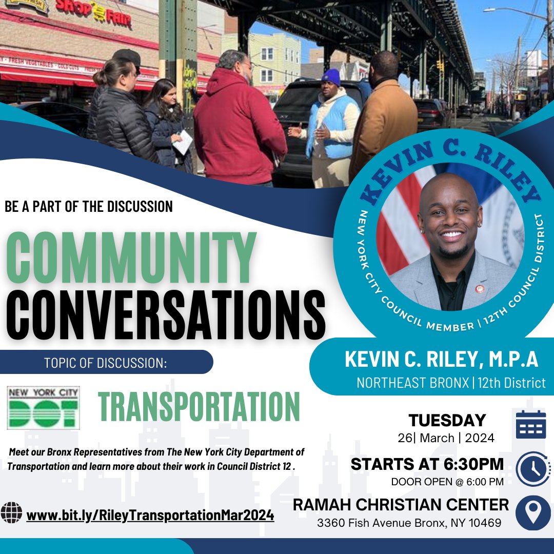 Join us for this month's Community Conversation dedicated to District 12's Transportation projects. Let's brainstorm together with the Bronx DOT Team and unfold your innovative ideas. Discover more about #TeamRiley exciting initiatives. RSVP here: bit.ly/RileyTransport…