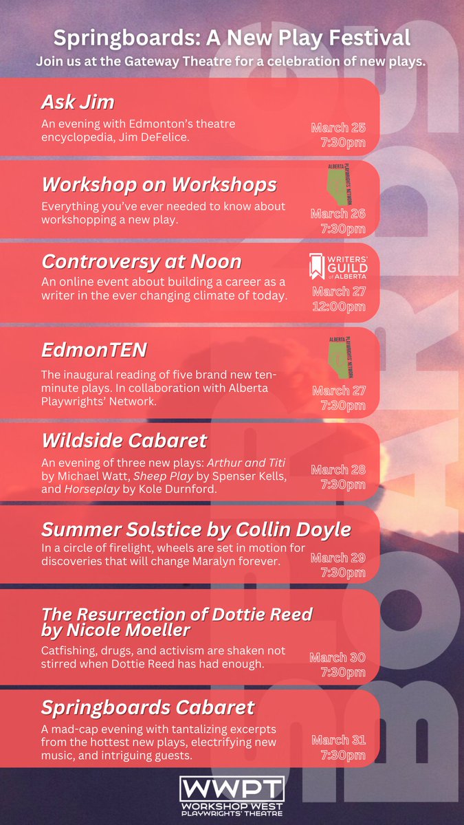 APN is proud to partner with <a href="/WorkshopWest/">Workshop West Playwrights' Theatre</a> &amp; <a href="/WritersGuildAB/">Writers'GuildAlberta</a> for this year's Springboards: A New Play Festival!

Details, event schedule and tickets at: workshopwest.org/springboards-2…
