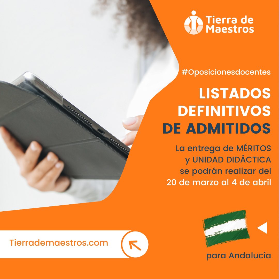 Publicados los 🟠🔵#ListadosDefinitivos de admitidos y excluidos para las oposiciones docentes de #Andalucía 

📨 La entrega de 🧡 méritos para su baremación y de la 💙 unidad didáctica será del 20 de marzo al 4 abril.

#Oposicionesdocentes #TierradeMaestros #SerMaestro