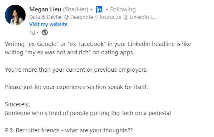 theghost3605's tweet photo. @reenareena Inspired by Megan's content on Linkedin - I wish people would ask me if my ex was hot and rich. https://t.co/ukhmBAIXsg