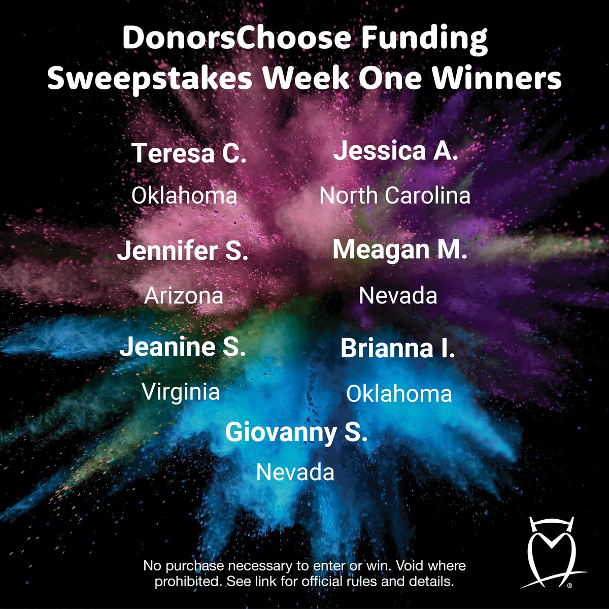Congratulations to our week one winners! We still have four more weeks of our sweepstakes, and we’ll announce more winners next Thursday. Enter your DonorsChoose project before April 11 for your chance to get it fully funded! Enter here: ow.ly/uIGX50QTFwx