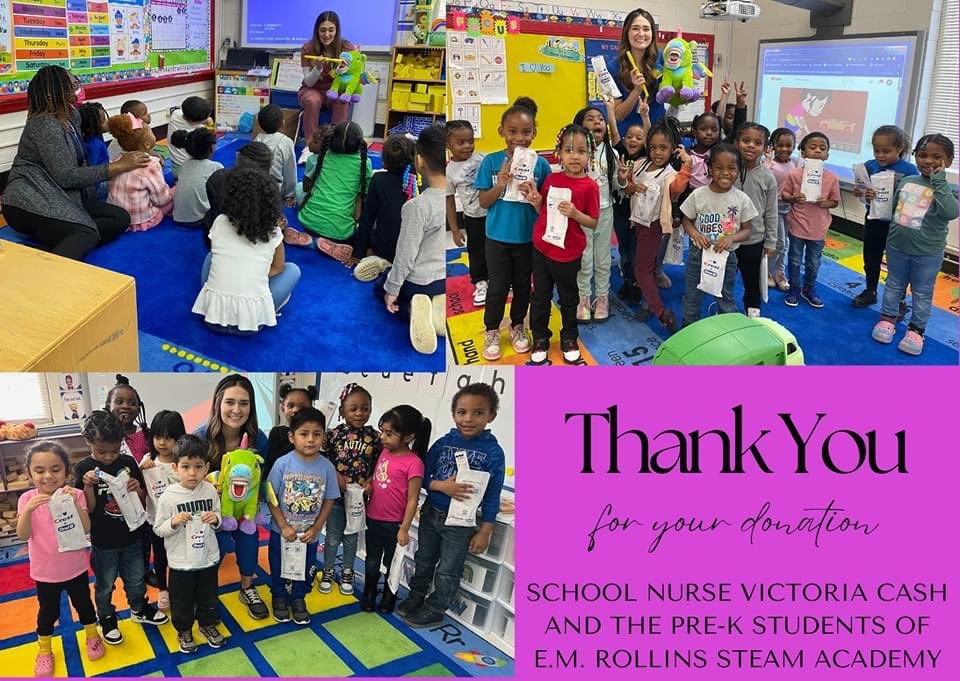 "Huge Shout Out to Carolina Fellows Family Dentistry for their constant support and donation of supplies. We were able to provide 55 Pre-K students with toothbrushes, toothpaste, and floss. We are forever grateful for their partnership with E.M. Rollins STEAM Academy!"