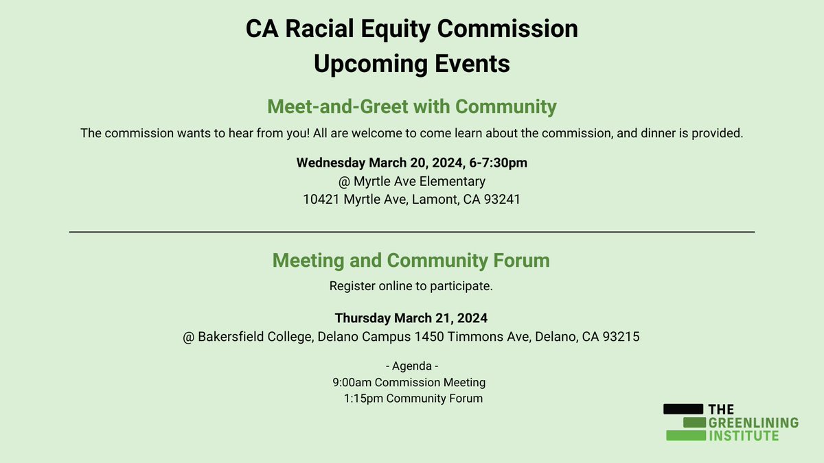 All are welcome at two upcoming events hosted by @Cal_OPR's California #RacialEquity Commission: 👋 3/20, 6-7:30pm: Community Meet & Greet 💬 3/21, starting at 9am: Meeting & Community Forum (register at racialequity.opr.ca.gov/meetings)