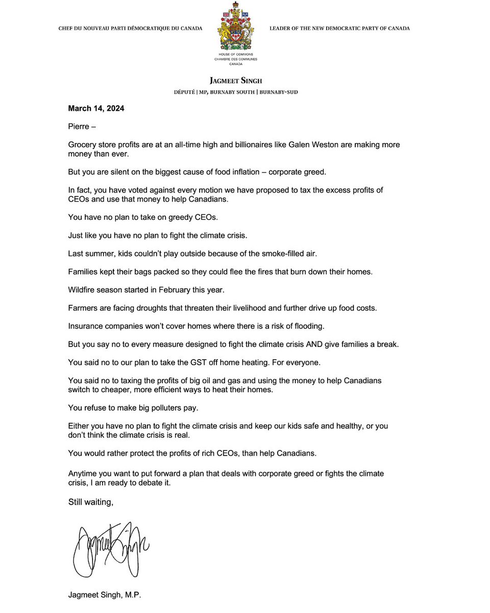Pierre Poilievre likes to talk a lot. But he's silent on the things that are harming Canadians. He'd rather protect the profits of rich CEOs, than help people. Whenever Mr. Poilievre puts forward a plan to fight corporate greed or the climate crisis, I am ready to debate it.