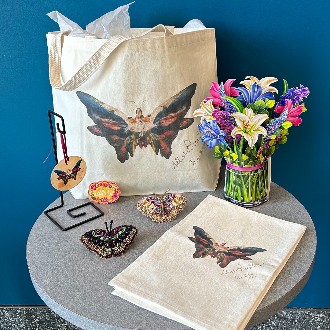 Happy #NationalButterflyDay! 📷 1 - Titan Ramsay Peale II, 'Still Life with Flowers and Insects,' 1879. Watercolor on paper. 📷 2 - Assorted items from Museum Shop, including tote bag printed with Albert Bierstadt's 'Butterfly, 1892. Oil on paper.