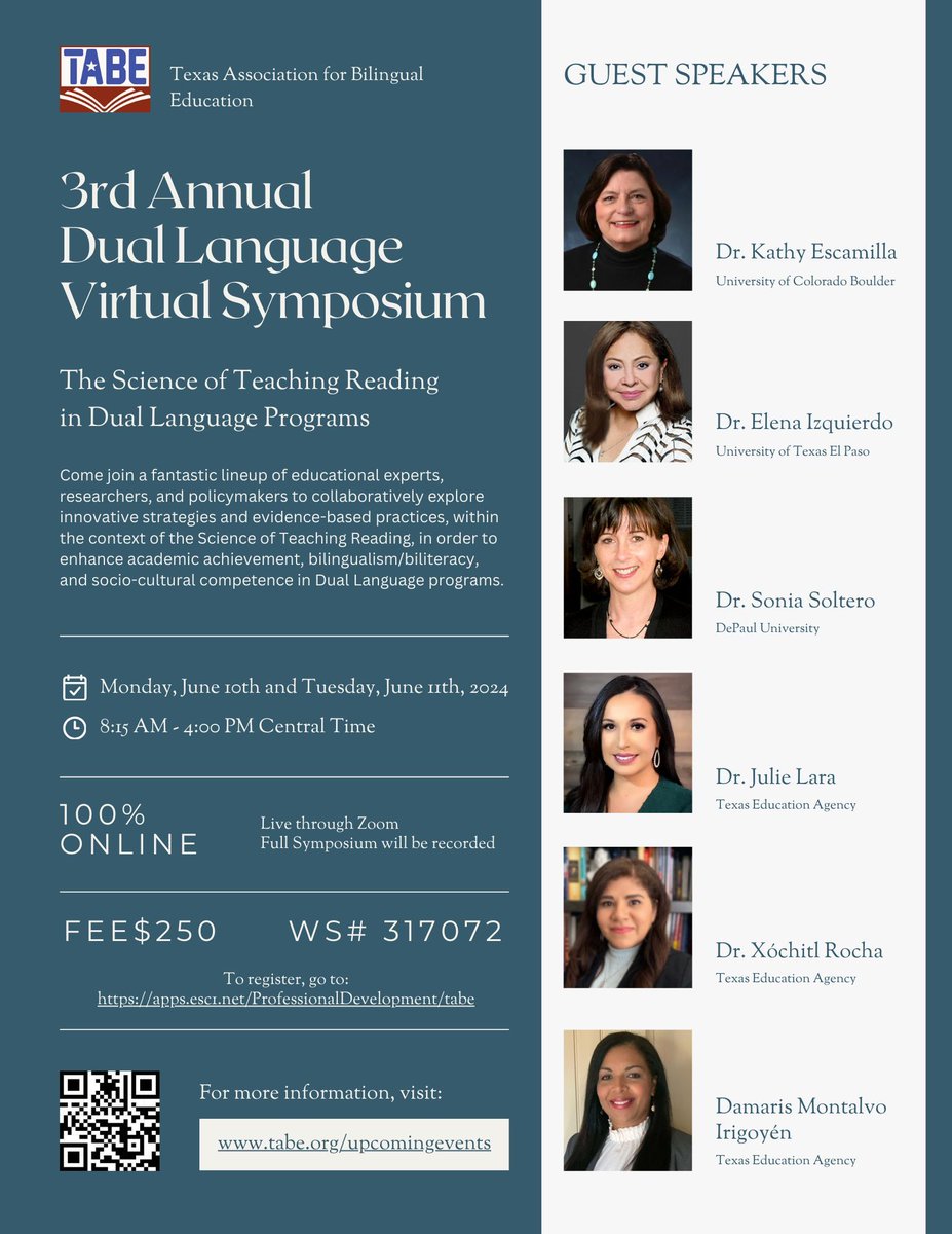Save the date for TABE's 3rd Annual #DualLanguage Virtual Symposium! Join educators, researchers, and policymakers as we delve into "The Science of Teaching Reading in Dual Language Programs." For more information, visit buff.ly/49HQ6u9 #TABE2024