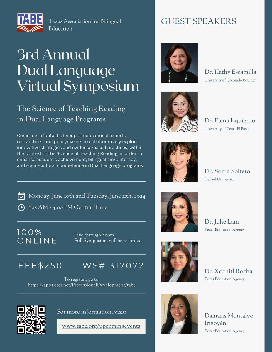 Save the date for TABE's 3rd Annual #DualLanguage Virtual Symposium! Join educators, researchers, and policymakers as we delve into 'The Science of Teaching Reading in Dual Language Programs.' For more information, visit buff.ly/49HQ6u9 #TABE2024