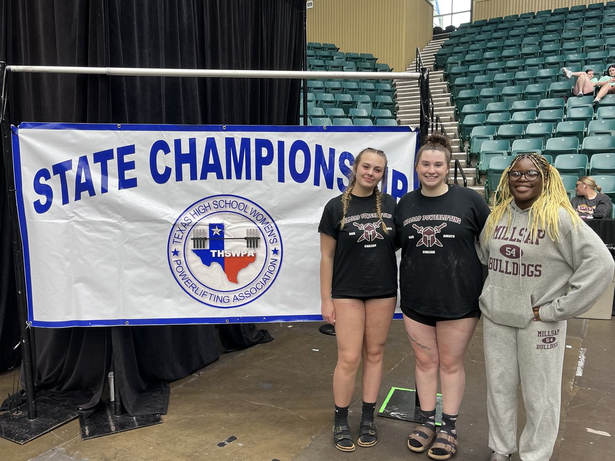 The Millsap Lady Bulldogs competed in the THSWPA State Powerlifting Championships for a school record 4th consecutive year. We had 2 top 10 finishes. These young ladies will be returning for another state run next year! Congrats Paige Shields, Kaidence Glenn, and Chasity Dunn!!