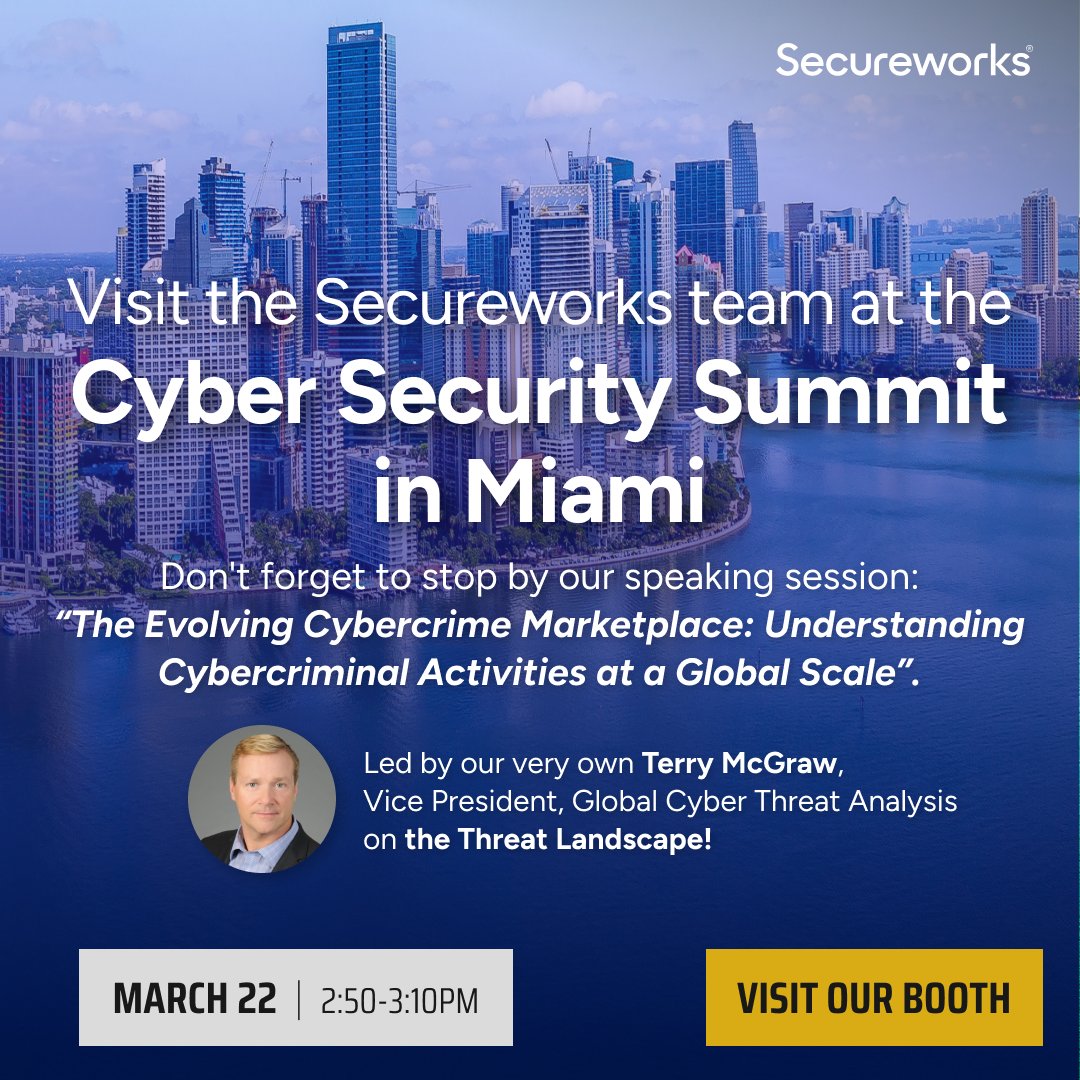 asinsimon's tweet photo. Stop by our speaking session on "The Evolving Cybercrime Marketplace: Understanding Cybercriminal Activities at a Global Scale" led by Terry McGraw, VP of Global Cyber Threat Analysis at the upcoming Cyber Security Summit in Miami on March 22nd from 2:50-3:10pm. A great speaker! https://t.co/umAwFNo7mX