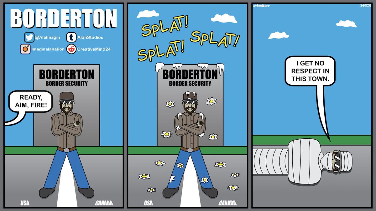 AlaImagin's tweet photo. Borderton 1st Comic Strip - Story: One Canadian border guard has a lot of misadventures while being the target of pranks from the citizens of a divided town on both sides of the border. @AlaImagin #ImaginALANation #Cartoons #comicstrip #webcomic #comedy #Canada #Borderton https://t.co/hdtDpND0vJ