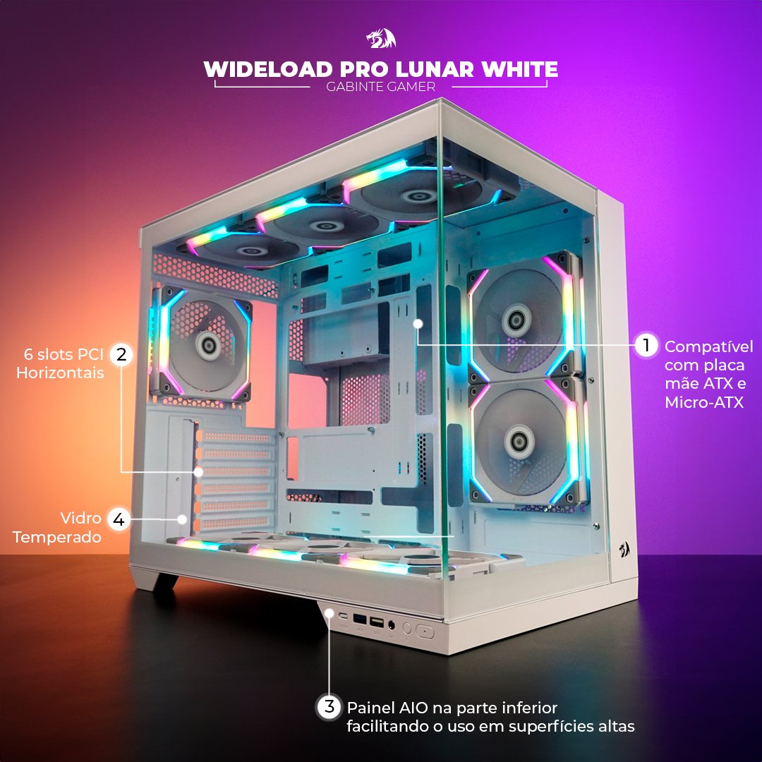 RedragonBR's tweet photo. Vocês pediram e a Redragon atendeu: o Wideload Pro acaba de entrar para o time de gabinetes brancos! 🤍

Com design minimalista e um airflow perfeito, esse incrível gabinete é a elegância que seu setup full white precisa. Compatível com placas-mãe nos formatos ATX, Micro-ATX e Mini-ITX, esse modelo proporciona o desempenho que você sempre quis.

#redragon #lançamento #fullwhite #setup #wideload