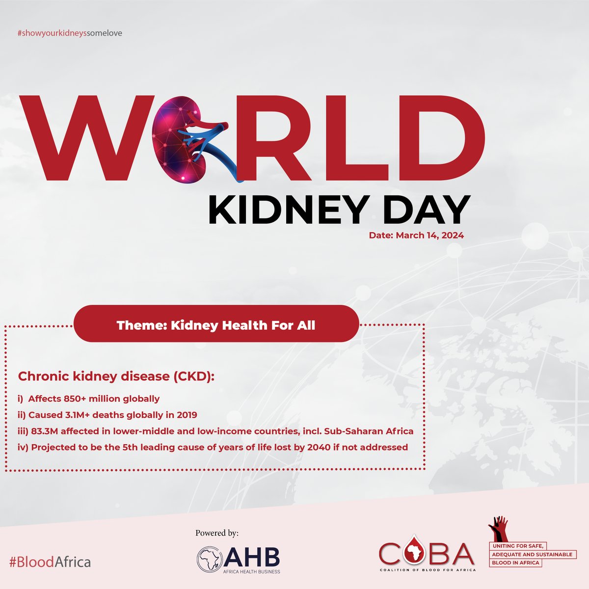 Yesterday, the world celebrated #WorldKidneyDay. Did you know healthy kidneys mean healthy #Blood? With 850M+ affected worldwide, chronic kidney disease is a major concern. Let's prioritize kidney health this #WorldKidneyDay2024. Early detection is key! #KidneyHealthForAll
