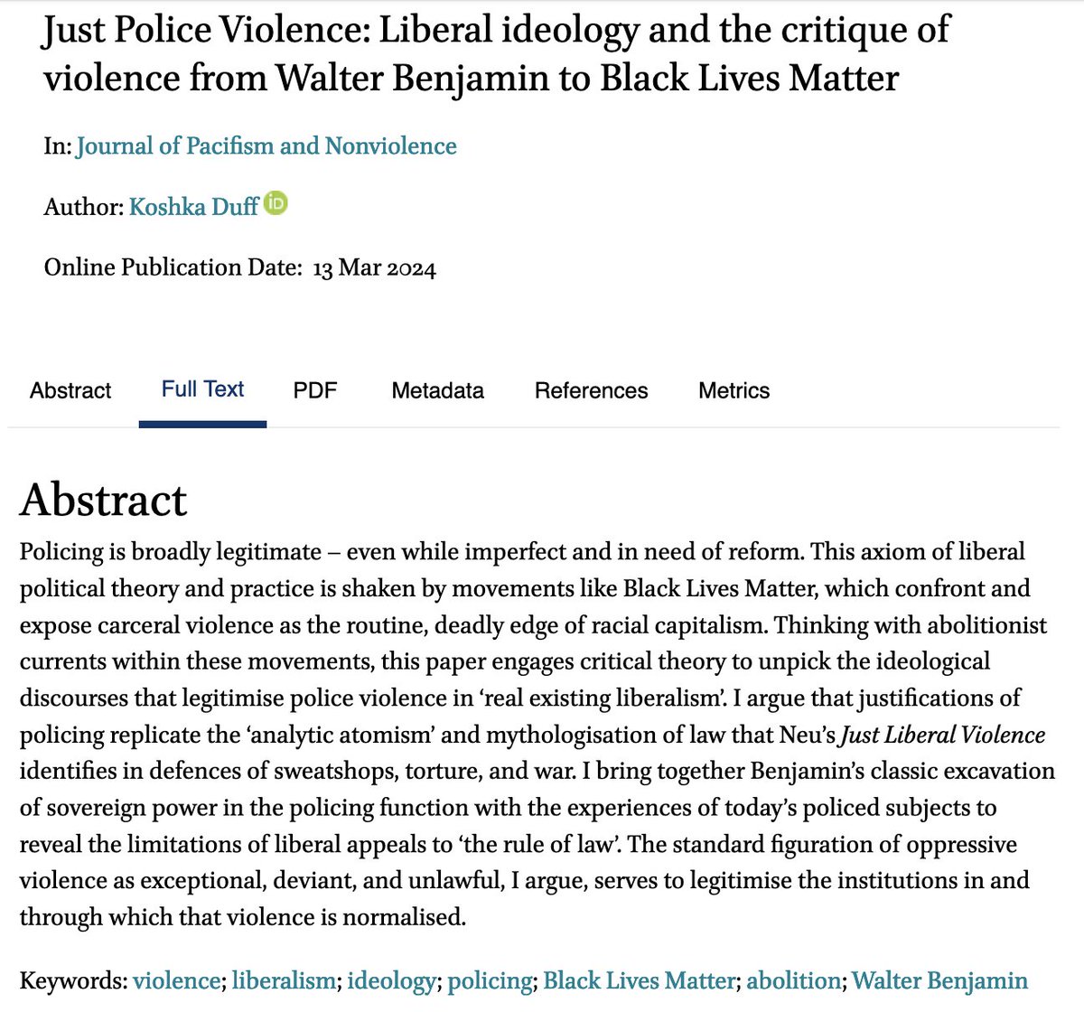 jpacnv's tweet image. 📰Koshka Duff unpicks liberal legitimisations of #policeviolence through #BLM, #abolitionism, &amp;amp; #WalterBenjamin, reflecting on how depictions of wrongful violence as 'exceptional' serve to normalise complicities of policing in problems police claim to be addressing