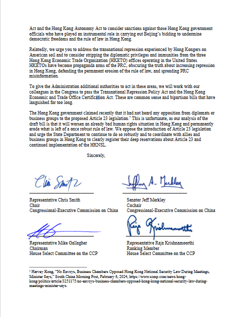 The @CECCgov Chairs and leadership of the @CommitteeonCCP sent letter today to @SecBlinken expressing their opposition to #Article23 legislation in #HongKong. Read full letter ---> cecc.gov/sites/chinacom…