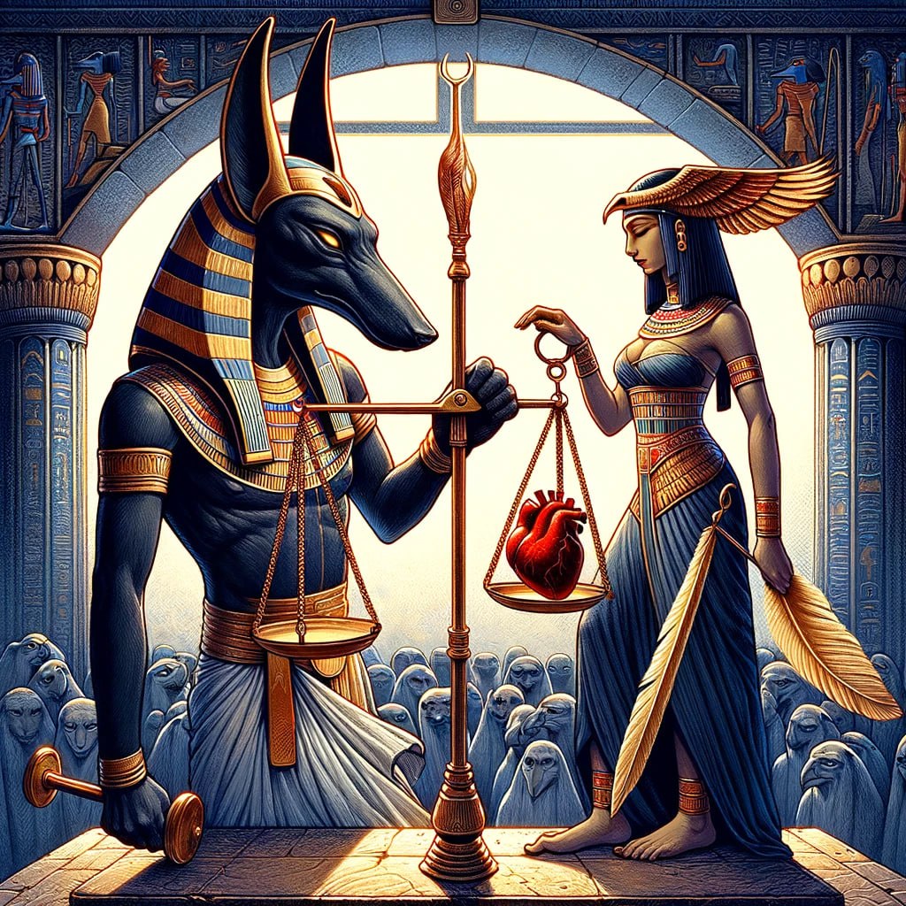 Древние египтяне верили, что после смерти весы бога Анубиса измеряют сердце покойного против пера Маат, богини правды и порядка.